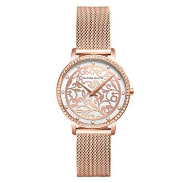 Imagem de HANNAH MARTIN Relógios femininos ouro rosa/preto quartzo, analógico, à prova d'água, diamante, festa, relógio de pulso com pulseira de malha de aço inoxidável para mulheres, Dourado