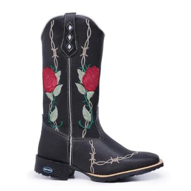 Imagem de Bota Texana Feminina Em Couro Bordada Bico Quadrado - Carrero Boots