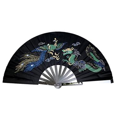 Imagem de Ventilador de aço inoxidável Tai Chi ventiladores decorativos dobráveis leques chineses de kung fu para dança de desempenho, dança, treinamento, esportes, decorações, festival, presente (preto - padrão dragão e fênix)