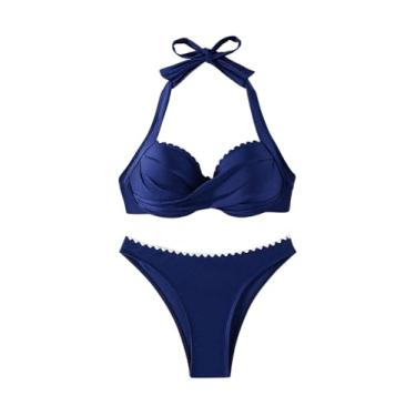 Imagem de MakeMeChic Conjunto de biquíni feminino, 2 peças, colorido, franzido torcido, frente única, biquíni push-up, Azul marinho, M