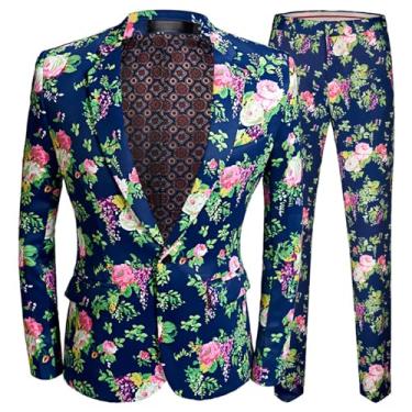 Imagem de Ternos masculinos, blazer com estampa de flores de 2 peças, um botão, caimento justo, smoking, jaqueta casual, Azul, 5X-Large