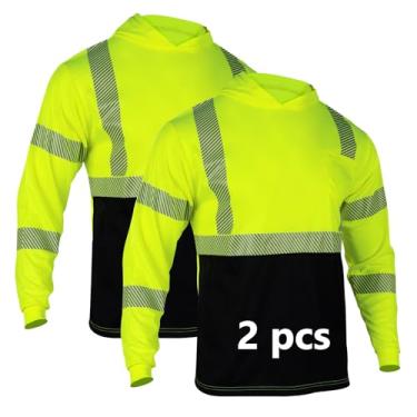 Imagem de FONIRRA Camisetas masculinas de alta visibilidade com capuz pacote com 2 camisetas refletivas de alta visibilidade para trabalho de construção, mangas compridas, Amarelo, P
