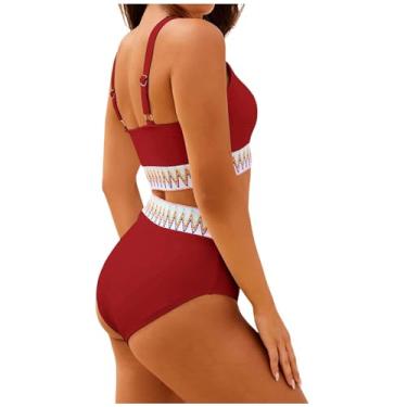 Imagem de Conjunto de biquíni feminino de cintura alta com controle de barriga, conjunto de biquíni sexy push up color block com alças ajustáveis, B#_vinho, G