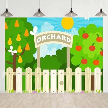 Imagem de Pomar de desenho animado com árvore de pêra de maçã e pereira, cenário de jardim para aniversário, chá de bebê, fotografia, 20 x 1,8 m, cerca de madeira, luz do sol, céu azul, fundo para bolo, banner,