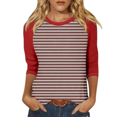 Imagem de Camisetas femininas de verão 2024 manga 3/4 raglan contraste gola redonda casual blusas de verão ajuste solto, Ofertas relâmpago vermelho, G