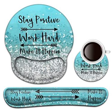 Imagem de Descanso de pulso e mouse pad com suporte de pulso, porta-copos ergonômico, fácil digitação, alívio da dor, teclado mousepad conjunto, permanece positivo, trabalho duro e faça acontecer com glitter azul