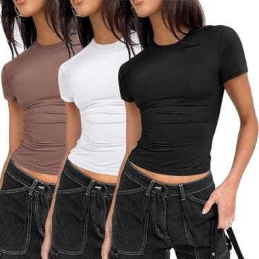 Imagem de Zeagoo Camisetas femininas de manga curta gola redonda justa justa camiseta básica elástica Bodycon, Z-preto/branco/marrom, P