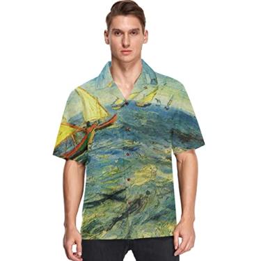 Imagem de visesunny Camisa masculina casual de botão manga curta havaiana pintura a óleo veleiro barco em azul mar Aloha camisa, Multicolorido, G