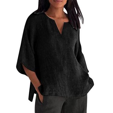 Imagem de Camisetas femininas de linho manga 3/4 plus size casual ajuste solto gola redonda blusa fashion verão 2024, Ofertas relâmpago preto, P