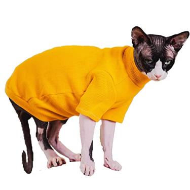Imagem de Sphynx Roupas para gatos outono malha sólida camisetas waffle elasticidade respirável pulôver gola alta gatinho roupas para animais de estimação (2GG (6-7,5 kg), amarelo)