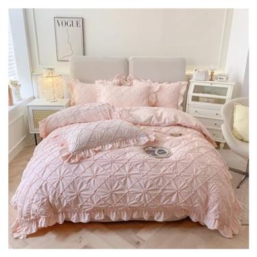 Imagem de Jogo de cama de quatro peças de algodão sólido estilo princesa menina coração colcha jogo de cama de algodão quatro estações, lençóis de cama (cama rosa 1,8 m)