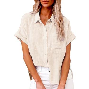 Imagem de Camiseta feminina de linho de manga curta com bolso, gola V, botões, cor sólida, caimento solto, túnica de verão, Caqui, 4G