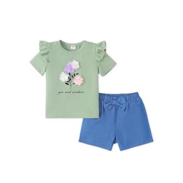Imagem de PATPAT Conjunto de shorts de verão para meninas, camiseta de manga curta, chiffon 3D, roupas florais 2-6 anos, Verde Matcha, 2 Anos