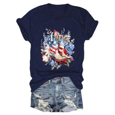 Imagem de Camisetas femininas PKDong 4 de julho, taças de vinho, bandeira dos EUA, gola redonda, camisetas femininas, Azul marino, G