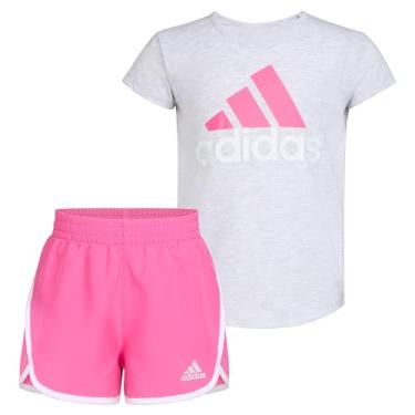 Imagem de adidas Conjunto de camiseta e shorts de ginástica para meninas, cinza claro e rosa brilhante, 3T, Cinza claro e rosa brilhante, 3 Anos