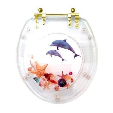 Imagem de Assento Sanitário Poliester Decorada Transparente Golfinhos Conchas Para Bacia Deca Com Ferragem Dourada