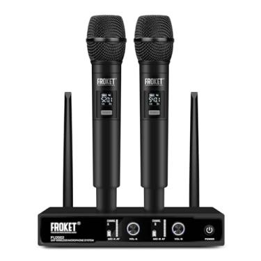 Imagem de Froket Sistema profissional de microfone sem fio UHF: dois canais ajustáveis, conexão automática - alcance de transmissão de 79 metros, ideal para karaokê, igreja, festas, discursos e DJ (2 portáteis)