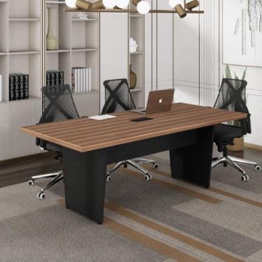 Imagem de Mesa Reunião 6 Lugares Retangular com Pé Angular 1 Caixa de Tomadas Marrom/Preto