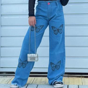Imagem de Calça Jeans Wide Leg Feminina Infantil Juvenil Com Estampa Borboleta -