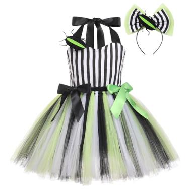 Imagem de IDOPIP Halloween Costume for Kids Girls Black and White Striped Costume Dress up Suit Princess Birthday Party Tutu Dress with Headband 2PCS Toddler Cosplay Outfits Black + White 3-4 Years