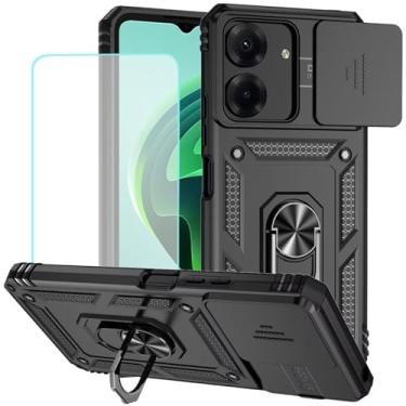 Imagem de Vokuha Capa para Redmi 13C, capa Poco C65 com protetor de tela de vidro temperado e capa de câmera deslizante, capa magnética com suporte de anel giratório de 360° para Xiaomi Redmi 13C preta