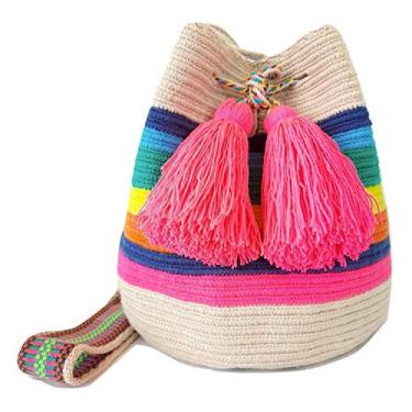 Imagem de Mochila WAYUU para mulheres, bolsa tejida original colombiana autêntica padrão de crochê Fairtrade Presente da Colômbia, Arco-íris - Médio, Medium