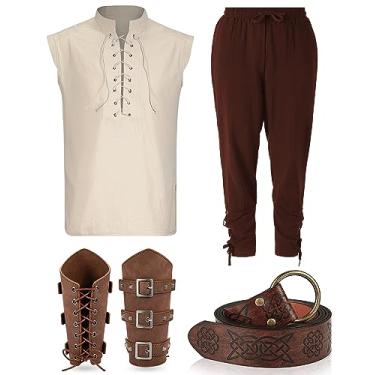Imagem de Vabean Conjunto de fantasia masculina renascentista medieval, sem mangas, pirata, Halloween, viking, calça de tornozelo, cinto e protetores de braço, bege, marrom, G