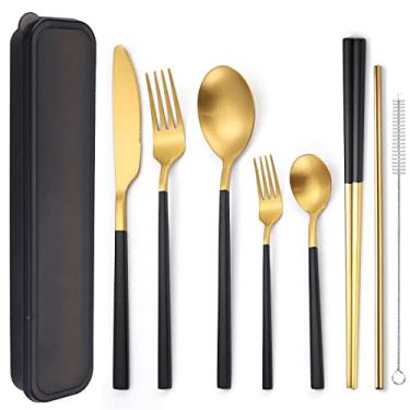 Imagem de AARAINBOW Conjunto de talheres de aço inoxidável de 6 peças, portátil, reutilizável, conjunto de utensílios de viagem, incluindo pauzinhos, faca, garfo, colher, escova de limpeza segura para lava-louças (B-preto dourado)