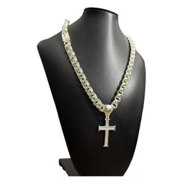 Imagem de Cordão Friso Triplo 12mm Ping Crucifixo Banhado Prata 925 - ToJoia18k