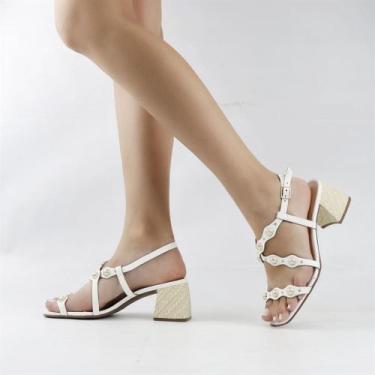 Imagem de Sandália Salto Bloco Enfeite - RENATA MELLO, Branco palha, 36