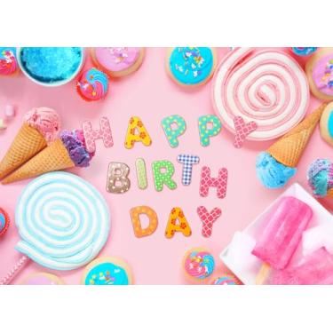 Imagem de DePhoto Pano de fundo fotográfico rosa de 1,8 x 1,8 m para aniversário, algodão, doce, sorvete, pirulitos, doces, decoração de aniversário, desenho animado, terra, artigos de festa de aniversário,