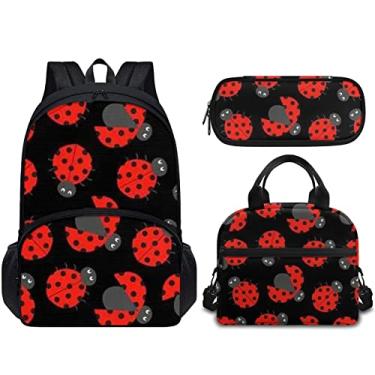 Imagem de Forchrinse Mochila Ladybug de 3 peças para meninas, crianças, ensino fundamental, médio, mochila, bolsa de livros com lancheira, bolsa de lápis