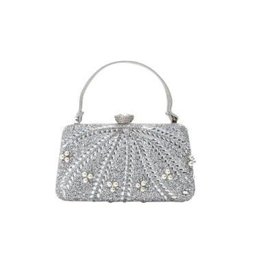 Imagem de CORIOS Bolsa feminina para noite com strass, bolsa de ombro com contas de pérolas, bolsa de mão de cristal brilhante, bolsa de casamento, Prata, Large