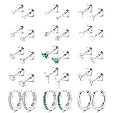 Imagem de MOZAKA Brincos de aço cirúrgico hipoalergênicos com costas planas em ouro 14 quilates, conjunto de 24 brincos femininos e masculinos, incluindo argola, lua, coração, cartilagem e estrela