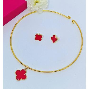 Imagem de kit Colar Choker aro liso Rigído Par de Brincos antialérgico com Pingente Flor trevo Rosa Verde Branco Tendência Fashion