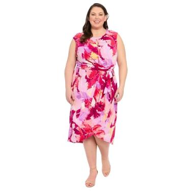 Imagem de London Times Vestido feminino elegante assimétrico com manga cavada, tulipa e cintura envolta na cintura, Rosa pavão claro/orquídea clara, 48