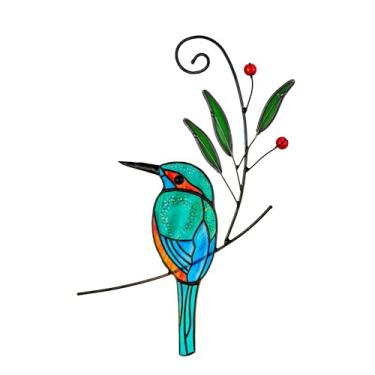 Imagem de Pendurados em vitrais – Decoração moderna de pássaros martim-pescador com galho, folhas e planta, painel de enfeite suspenso para janela, decoração de parede, apanhadores de sol, presente de Natal e