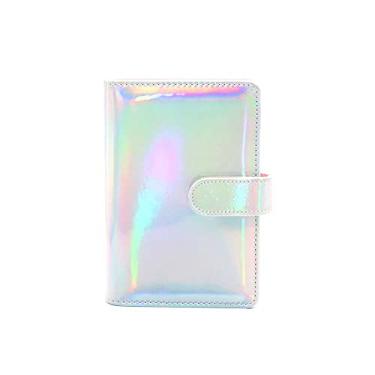 Imagem de A6 Capa para fichário de couro PU holográfico branco arco-íris capa para caderno 6 anéis fichários de folhas soltas com fecho magnético, bolso para cartões N suporte para caneta (holográfico branco,
