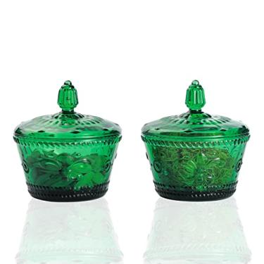 Imagem de G Conjunto de 2 potes de doces com tampas, pequenos potes verdes de vidro em relevo, caixa de joias, pote decorativo de alimentos, pote decorativo multiuso, pote de vidro para doces