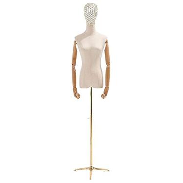 Imagem de CUTPOIY Meio manequim feminino forma manequim torso vestido, com braços de madeira e tripé de metal dourado, suporte ajustável forma feminina vestido manequim corpo torso (cabeça de fio de ferro