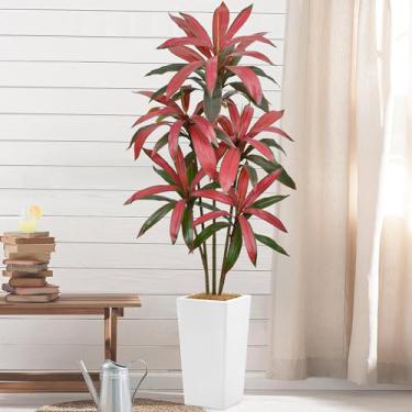 Imagem de Roselywed Árvore bicolor Dracaena vermelha artificial, 5 cabeças, 78 folhas, 1,8 m, capa de plantador branca alta com fibra de coco, planta de seda tropical sintética de 180 cm para decoração interna