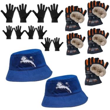 Imagem de Luva Básica, Luva de Moto Forrada, Chapeu Bucket (5 Luva Preta + 5 Luva de Moto Laranja + 2 Chapeu Azul)