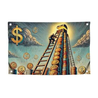 Imagem de Bandeira de dinheiro de 9,5 x 1,5 m com quatro argolas de latão - Banner de carteira de poliéster para interior ou exterior - Banner de um lado com a imagem das escadas para os tesouros - Bandeira do