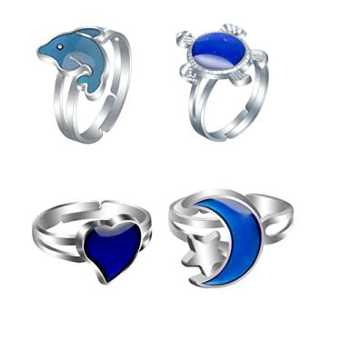 Imagem de COLORFUL BLING Anéis de humor conjunto de anéis de dinossauro que muda de cor, emoção, sensação de temperatura, anel de dedo fofo tiranossauro tricerátopo borboleta tartaruga anel ajustável para