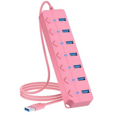 Imagem de ONFINIO Hub USB 3.0, divisor de hub USB de 7 portas com interruptores e luzes individuais, cabo de 1 m de comprimento compatível com MacBook, laptop, Surface Pro, PS4, PC, Flash Drive, HDD móvel, rosa