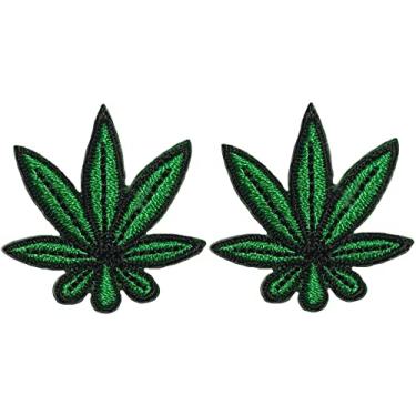Imagem de Papapatch Conjunto 2 pequenos pequenos pequenos adesivos de maconha folha de maconha conserto decorativo roupas jaqueta camiseta bolsas diy aplique costurar em adesivos bordados - verde