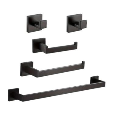 Imagem de 5 Acessórios Para Banheiro Lavabo 5 Peças Acabamento Fosco Aço Inoxidável, Conjunto De Porta Toalhas E Porta Papel Higiênico De Banheiro Barra De Toalha De Banheiro Instalação De Perfuração (Preto)