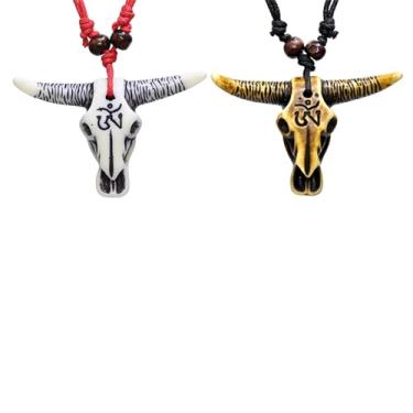 Imagem de coadipress 2 PCS Colares com pingente de cabeça de boi boêmio para mulheres e homens vintage touro cabeça de touro colar étnico gravata de couro de cowboy ocidental cordão cordão pingente colar férias