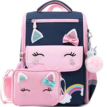 Imagem de AO ALI VICTORY Mochila de unicórnio para meninas com conjunto de lancheira Kawaii, infantil, fofa, pré-escolar, escola primária (grande, mochila azul + lancheira)