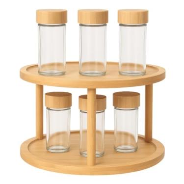 Imagem de Porta Tempero Giratório Bambu Com 6 Potes De Vidro Dosador